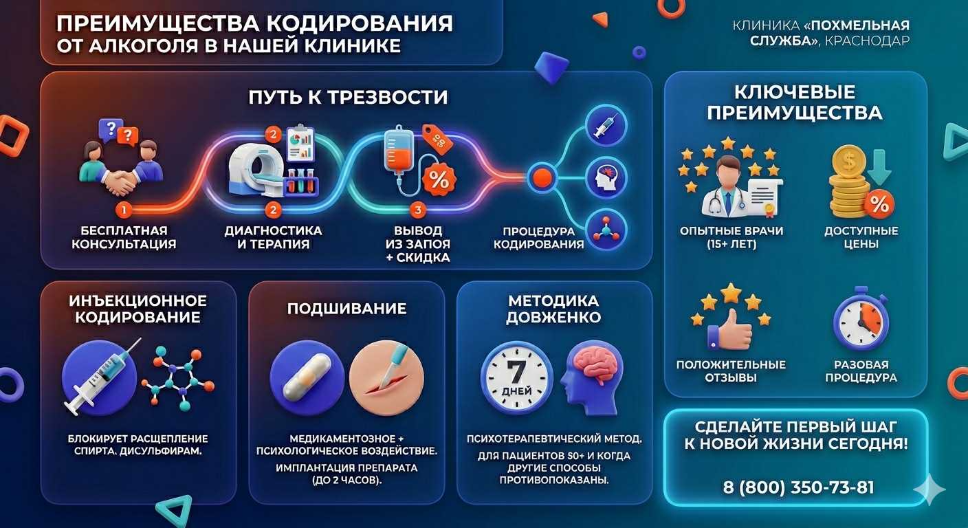 Инфографика о методах кодирования от алкоголя в Дрезне: инъекции, подшивание, метод Довженко. Преимущества клиники и этапы лечения.